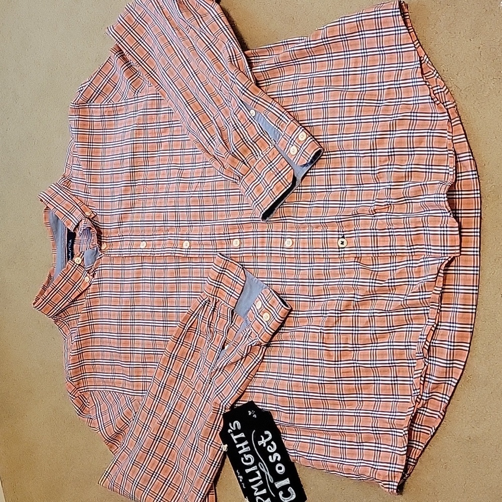 Nautica Dress Shirt XL Long Sleeve Plaid Peach Blue White